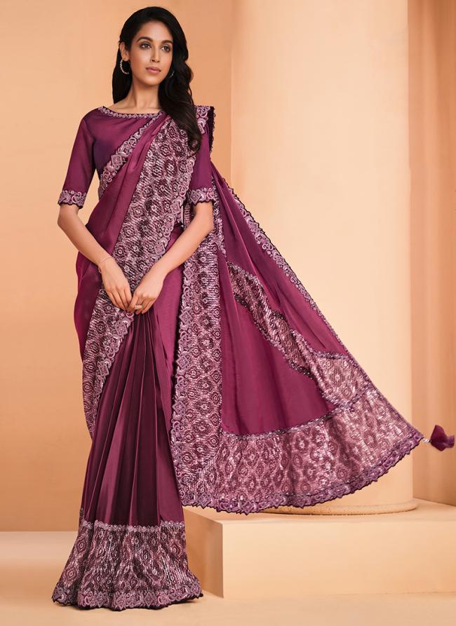 Satin Crepe Silk Maroon Party Wear Embroidery Work Saree
